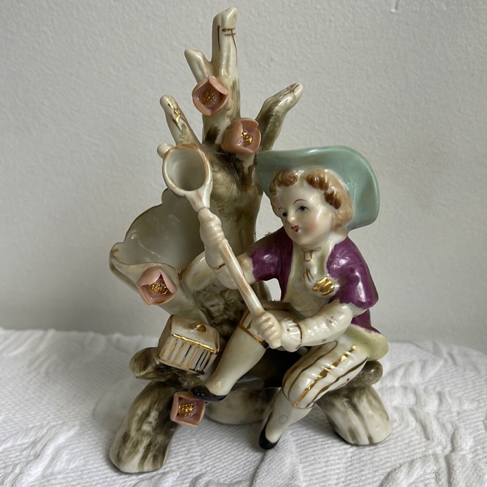 Vintage German Bisque Spill Vase-Boy sitting on Tree with Butterfly Net & Cage